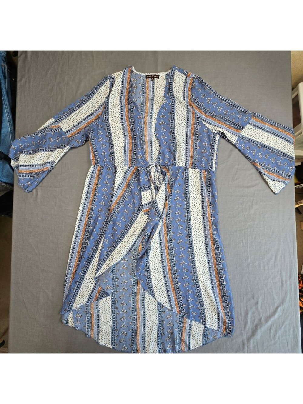 Almost Famous 1X Duster Kimono Cardigan Blue Boho Stripe Floral Western Festival